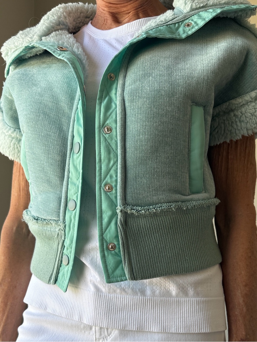 Cropped Mint Green Sherpa-Lined Hooded Vest